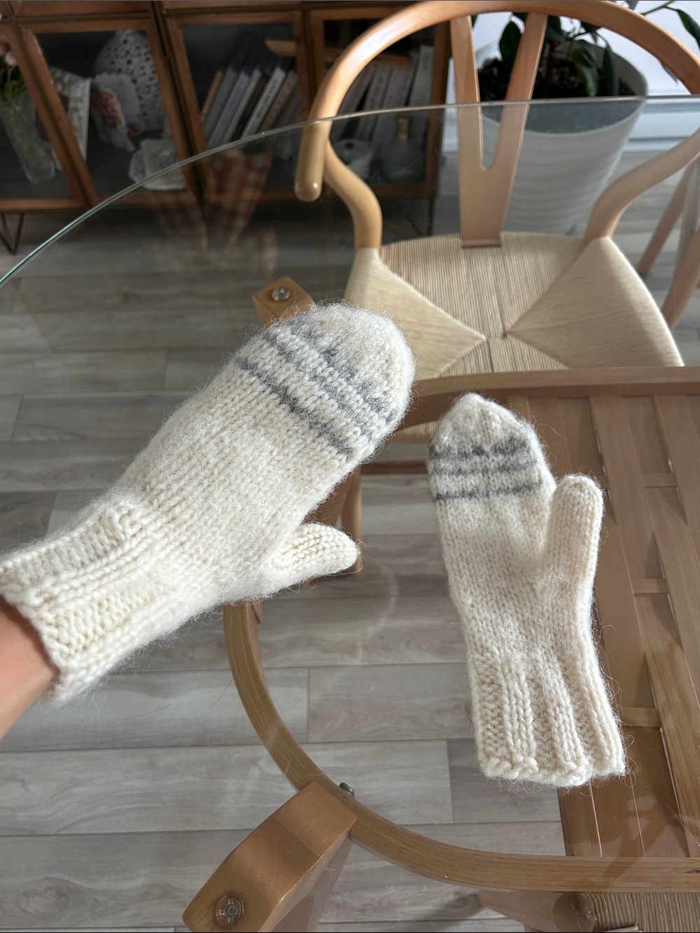 Hand Knitted 100% Wool Cream Mittens with Gray Stripe